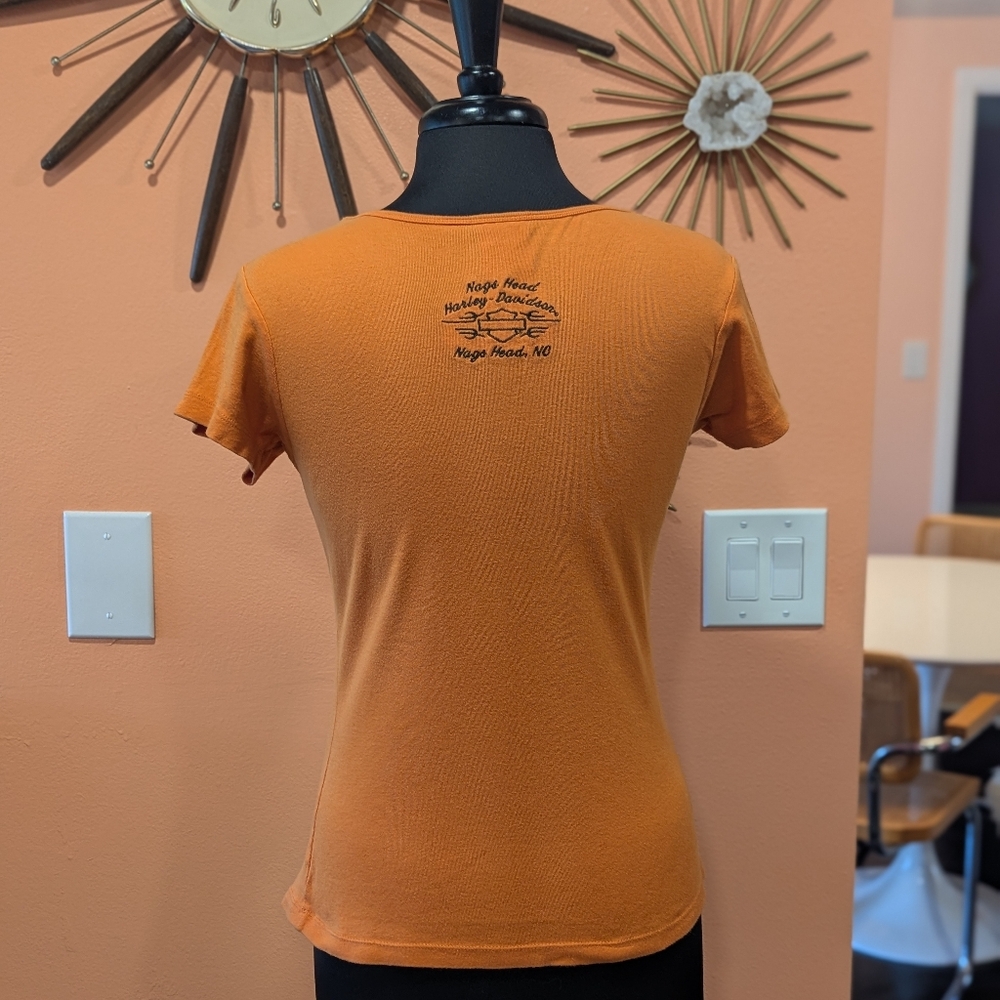 Vintage Y2K Harley-Davidson Women's Orange Top M Distressed Tee Bikercore 2000s - Picture 4 of 16
